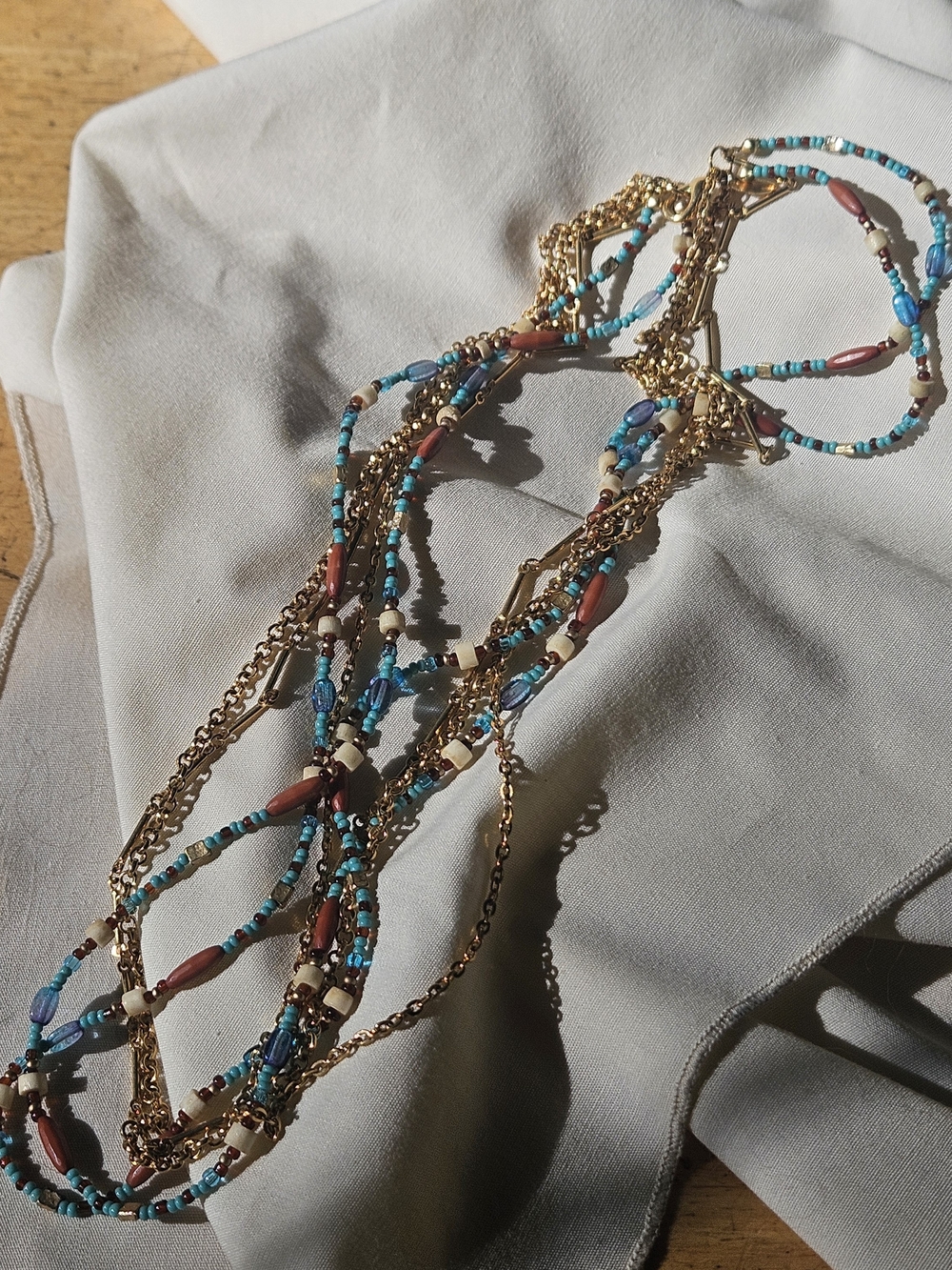 Premier Designs Multi Strand Necklace Blue Brown Gold Tone